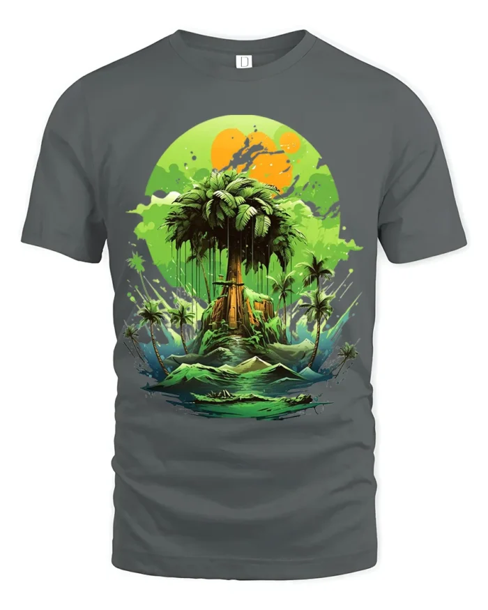 Verdant Island Dream Lush Green Tropical Ocean T-Shirt for Beach Fans - gray t-shirt on white background