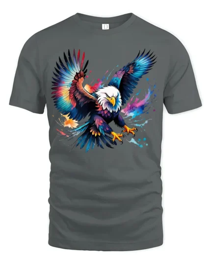 Bold Flying Eagle T-Shirt Vibrant American Symbol Tee in Artistic Design - gray t-shirt on white background