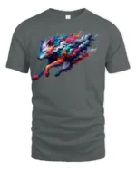 Colorful Wolf T-Shirt Artistic Running Wolf Tee with Fire and Smoke Swirl Design - gray t-shirt on white background