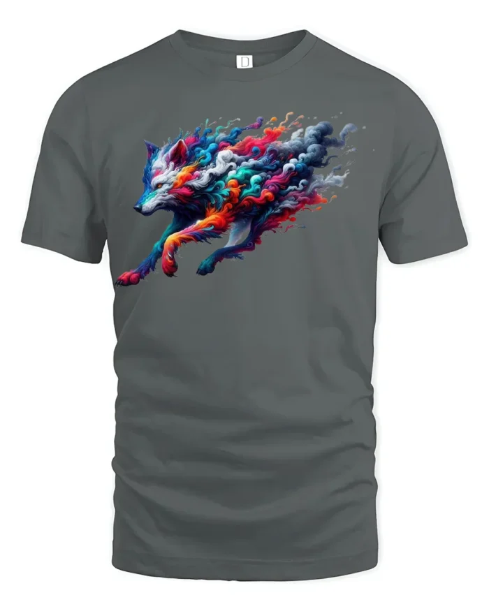 Colorful Wolf T-Shirt  Artistic Running Wolf Tee with Fire and Smoke Swirl Design - gray t-shirt on white background