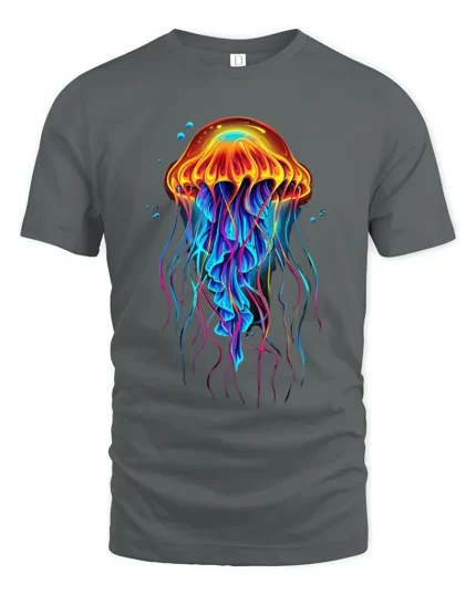 Neon Jellyfish T-Shirt Colorful Deep Sea Ocean Graphic Tee for Beach Lovers - gray t-shirt on white background