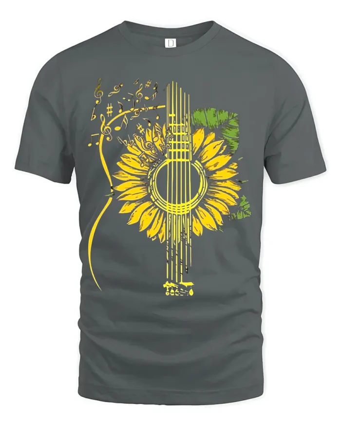 Sunflower Guitar T-Shirt Floral Musical Notes Tee for Music and Nature Lovers - gray t-shirt on white background