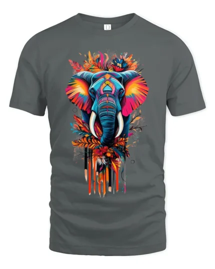 Colorful Elephant T-Shirt Tribal Wildlife Art Tee for Nature and Culture Lovers - gray t-shirt on white background