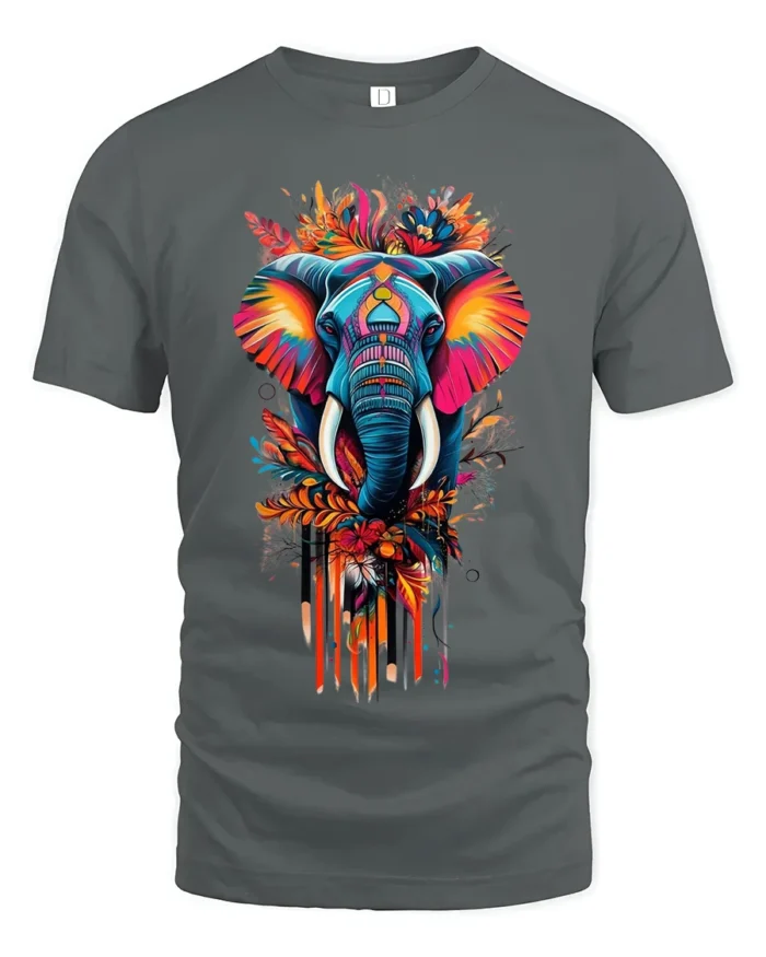 Colorful Elephant T-Shirt Tribal Wildlife Art Tee for Nature and Culture Lovers - gray t-shirt on white background
