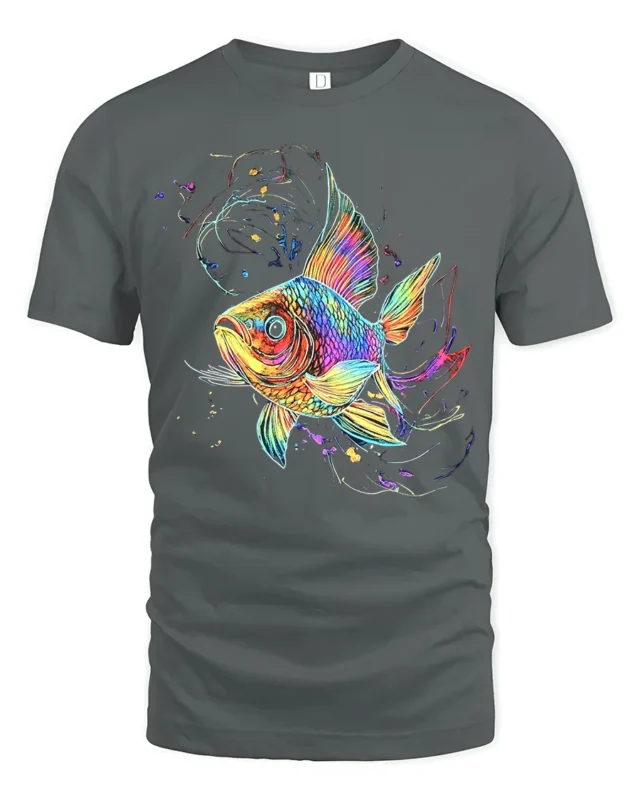 Colorful Fish T-Shirt  Artistic Ocean Life Tee with Rainbow Splash Design - gray t-shirt on white background