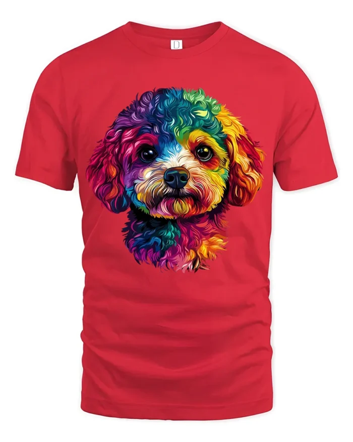 Colorful Puppy Face T-Shirt  Artistic Dog Graphic Tee for Animal Lovers USA - red t-shirt on white background