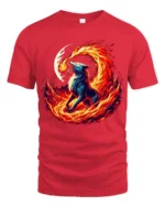 Fire Wolf T-Shirt Fierce Flame Howl Tee with Moon and Burning Energy Art - red t-shirt on white background