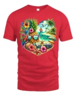 Tropical Heart Beach Summer Pineapple Parrot T-Shirt for Vacation Lovers - red t-shirt on white background