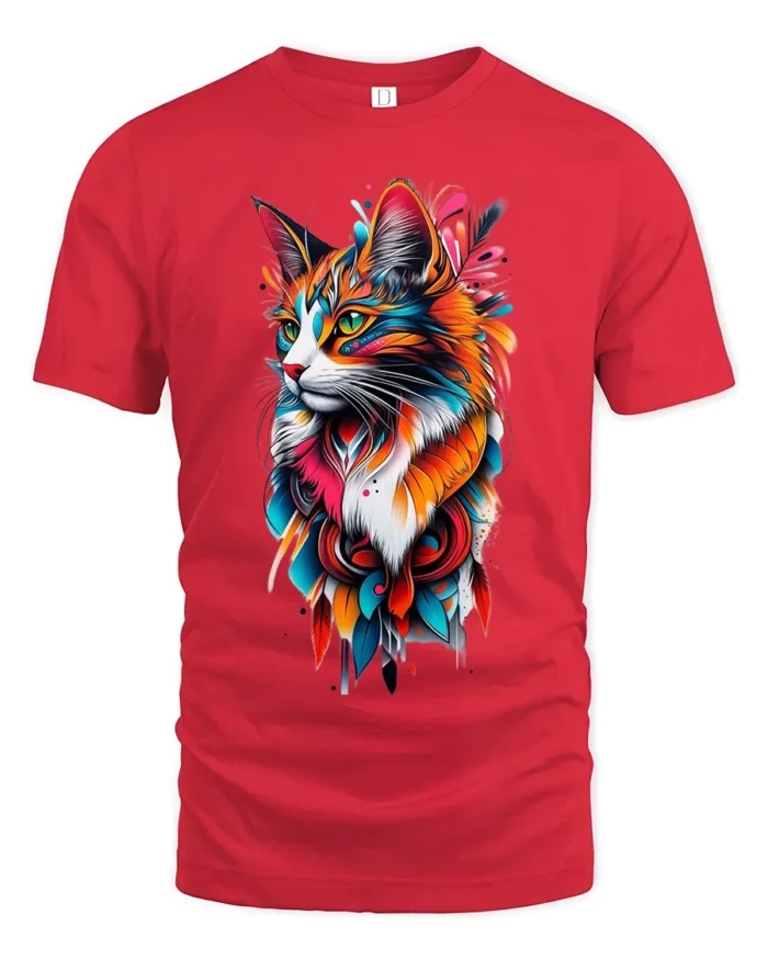 Vibrant Abstract Cat Colorful Artistic Kitten T-Shirt for Cat Lovers - red t-shirt on white background