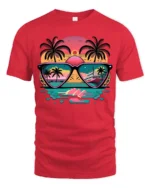 Sunset Reflection T-Shirt Retro Beach Sunglasses Graphic Tee for US Summer - red t-shirt on white background