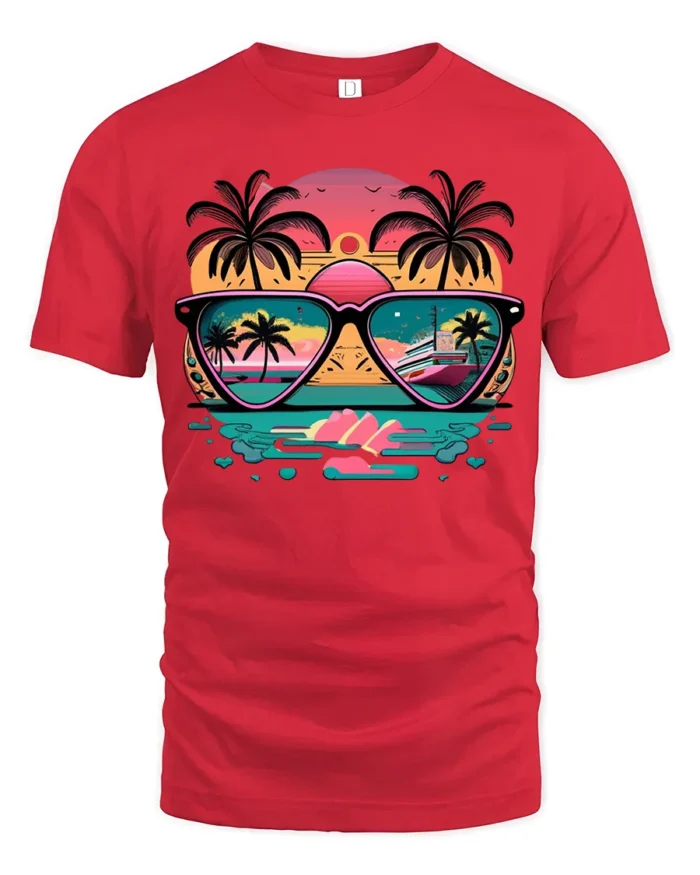 Sunset Reflection T-Shirt Retro Beach Sunglasses Graphic Tee for US Summer - red t-shirt on white background