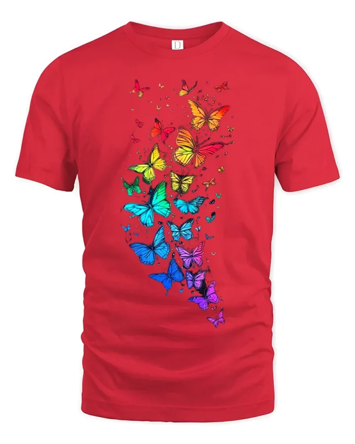Rainbow Wings Colorful Flying Butterflies T-Shirt for Nature Fans - red t-shirt on white background