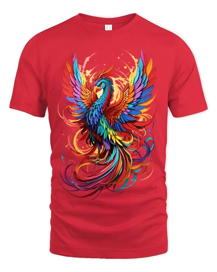 Colorful Phoenix Flight T-Shirt Vibrant Mythical Bird Graphic Tee for US Style - red t-shirt on white background