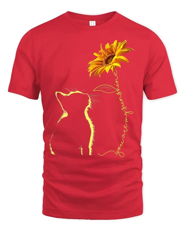 Cat and Sunflower You Are My Sunshine Kitten T-Shirt for Pet Owners - red t-shirt on white background