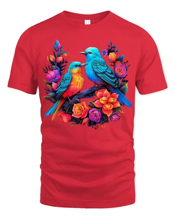 Garden Birds Serenade Vibrant Flowers Bird T-Shirt for Bird Watchers - red t-shirt on white background