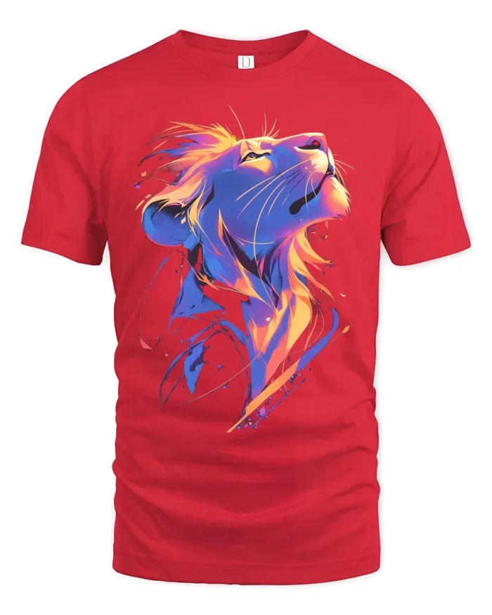 Colorful Lion Head T-Shirt Vibrant King of the Jungle Tee for Lion Lovers - red t-shirt on white background