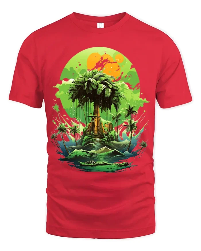 Verdant Island Dream Lush Green Tropical Ocean T-Shirt for Beach Fans - red t-shirt on white background