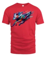 Colorful Wolf T-Shirt Artistic Running Wolf Tee with Fire and Smoke Swirl Design - red t-shirt on white background