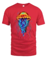 Neon Jellyfish T-Shirt Colorful Deep Sea Ocean Graphic Tee for Beach Lovers - red t-shirt on white background