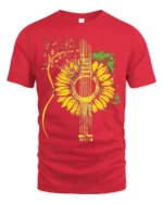 Sunflower Guitar T-Shirt Floral Musical Notes Tee for Music and Nature Lovers - red t-shirt on white background