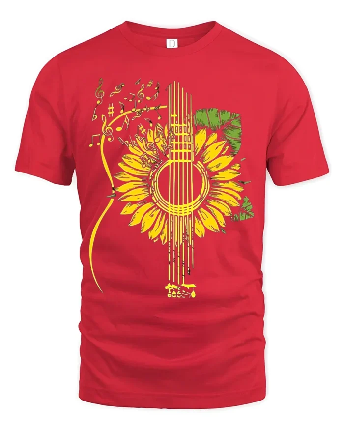 Sunflower Guitar T-Shirt Floral Musical Notes Tee for Music and Nature Lovers - red t-shirt on white background