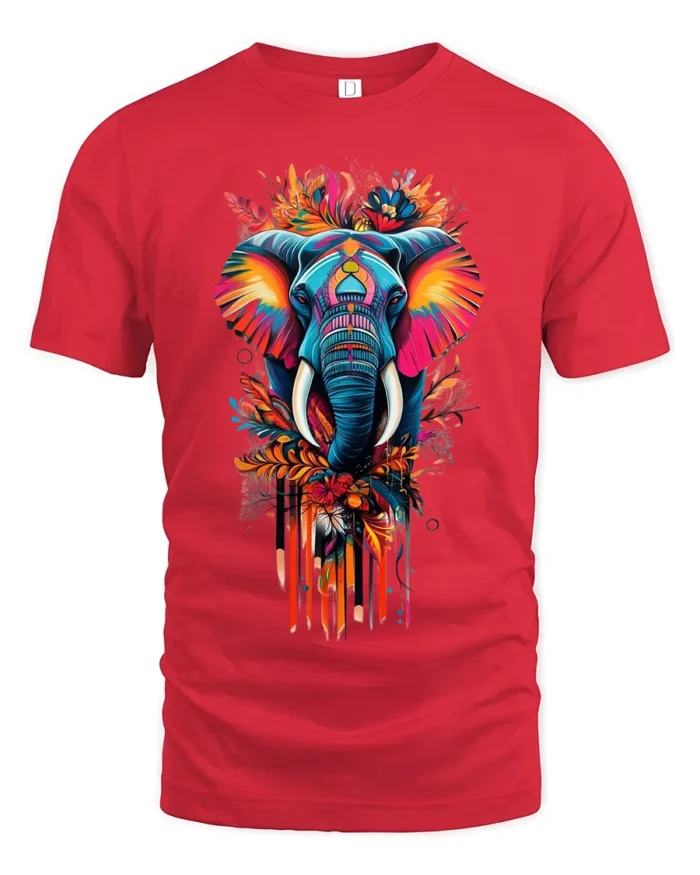 Colorful Elephant T-Shirt Tribal Wildlife Art Tee for Nature and Culture Lovers - red t-shirt on white background