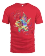 Colorful Fish T-Shirt  Artistic Ocean Life Tee with Rainbow Splash Design - red t-shirt on white background