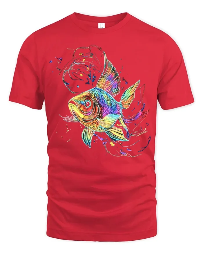 Colorful Fish T-Shirt  Artistic Ocean Life Tee with Rainbow Splash Design - red t-shirt on white background