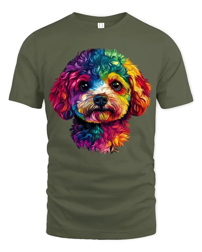 Colorful Puppy Face T-Shirt  Artistic Dog Graphic Tee for Animal Lovers USA - military green t-shirt on white background