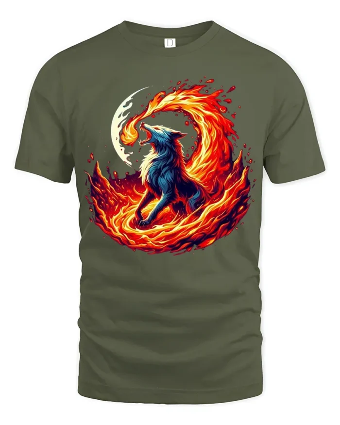 Fire Wolf T-Shirt Fierce Flame Howl Tee with Moon and Burning Energy Art - military green t-shirt on white background