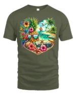 Tropical Heart Beach Summer Pineapple Parrot T-Shirt for Vacation Lovers - military green t-shirt on white background