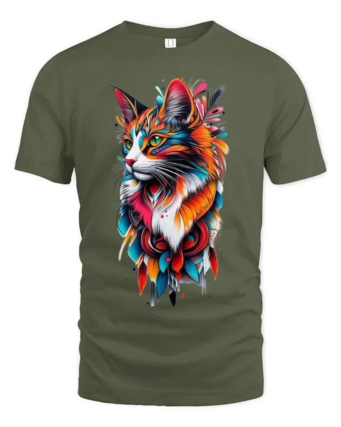 Vibrant Abstract Cat Colorful Artistic Kitten T-Shirt for Cat Lovers - military green t-shirt on white background