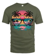 Sunset Reflection T-Shirt Retro Beach Sunglasses Graphic Tee for US Summer - military green t-shirt on white background