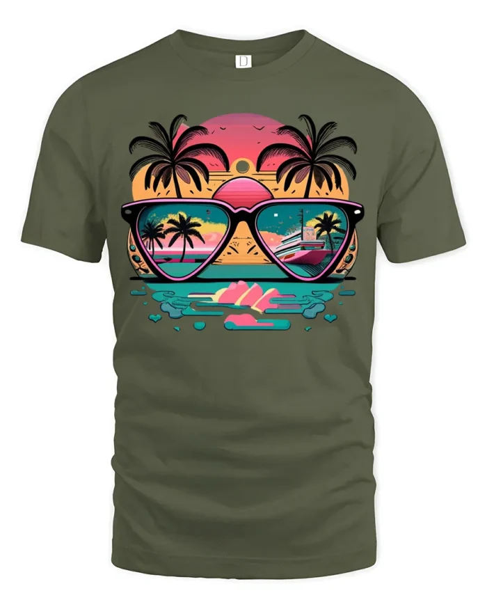 Sunset Reflection T-Shirt Retro Beach Sunglasses Graphic Tee for US Summer - military green t-shirt on white background