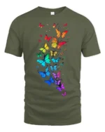 Rainbow Wings Colorful Flying Butterflies T-Shirt for Nature Fans - military green t-shirt on white background