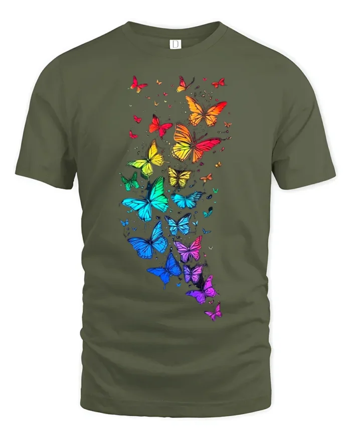 Rainbow Wings Colorful Flying Butterflies T-Shirt for Nature Fans - military green t-shirt on white background