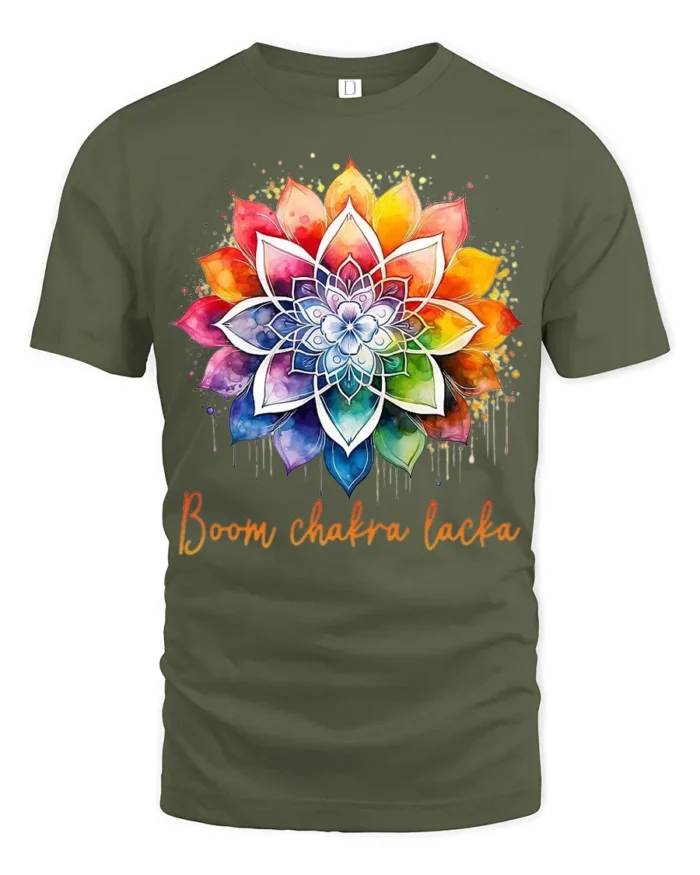 Boom Chakra Lotus Vibrant Meditation Yoga T-Shirt for Spiritual Souls - military green t-shirt on white background