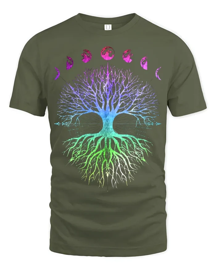 Celestial Chakra Tree - Gradient Moon Phases Tree of Life Yoga Zen T-Shirt - military green t-shirt on white background