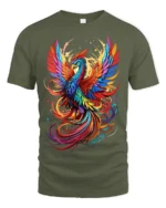 Colorful Phoenix Flight T-Shirt Vibrant Mythical Bird Graphic Tee for US Style - military green t-shirt on white background