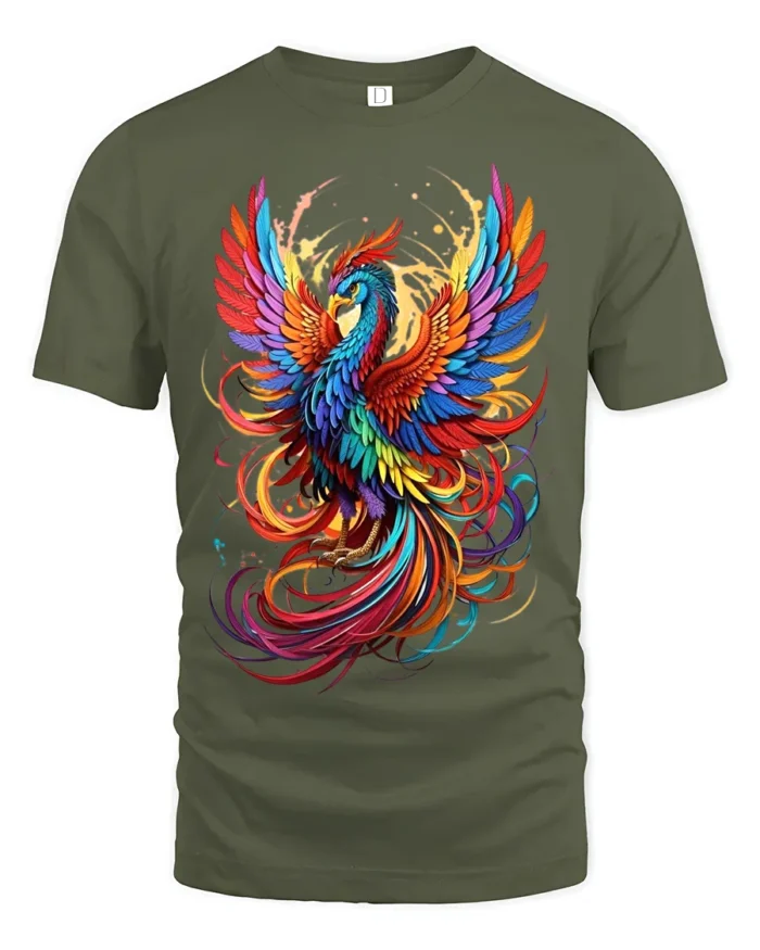 Colorful Phoenix Flight T-Shirt Vibrant Mythical Bird Graphic Tee for US Style - military green t-shirt on white background