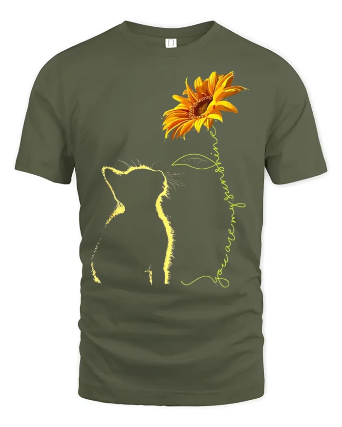 Cat and Sunflower You Are My Sunshine Kitten T-Shirt for Pet Owners - military green t-shirt on white background