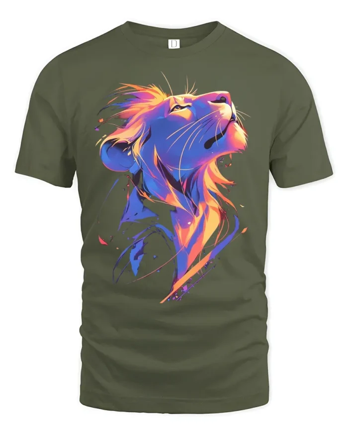 Colorful Lion Head T-Shirt Vibrant King of the Jungle Tee for Lion Lovers - military green t-shirt on white background