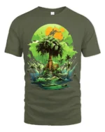 Verdant Island Dream Lush Green Tropical Ocean T-Shirt for Beach Fans - military green t-shirt on white background
