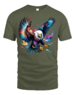 Bold Flying Eagle T-Shirt Vibrant American Symbol Tee in Artistic Design - military green t-shirt on white background