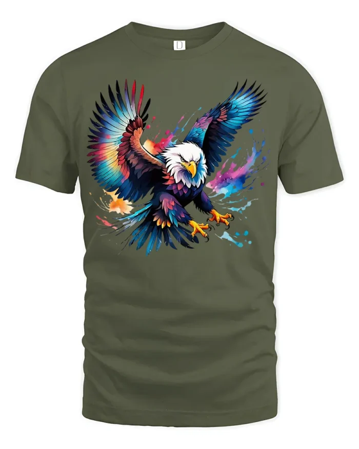 Bold Flying Eagle T-Shirt Vibrant American Symbol Tee in Artistic Design - military green t-shirt on white background