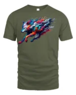 Colorful Wolf T-Shirt Artistic Running Wolf Tee with Fire and Smoke Swirl Design - military green t-shirt on white background