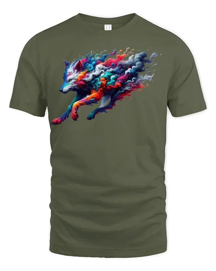 Colorful Wolf T-Shirt  Artistic Running Wolf Tee with Fire and Smoke Swirl Design - military green t-shirt on white background