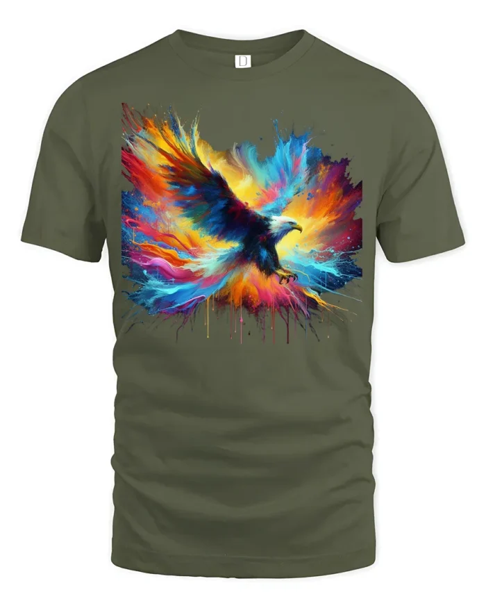 Patriotic Eagle T-Shirt Explosive Color Freedom Bird Graphic Tee for Americans - military green t-shirt on white background