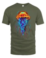 Neon Jellyfish T-Shirt Colorful Deep Sea Ocean Graphic Tee for Beach Lovers - military green t-shirt on white background