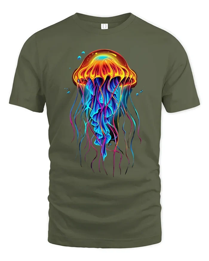 Neon Jellyfish T-Shirt Colorful Deep Sea Ocean Graphic Tee for Beach Lovers - military green t-shirt on white background